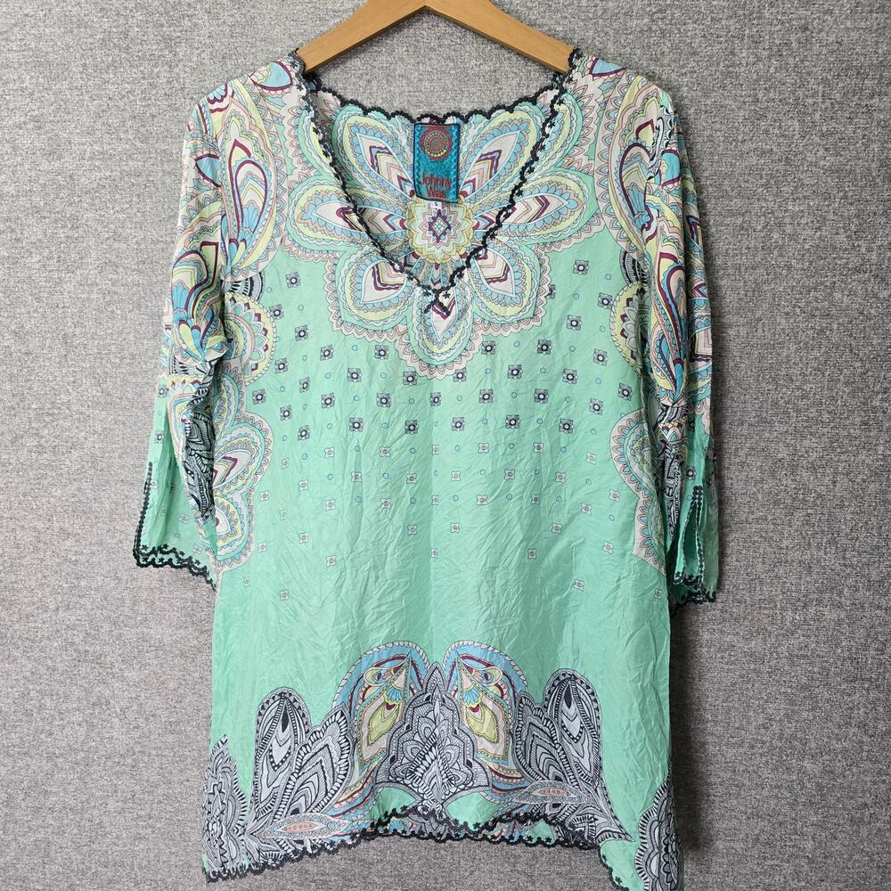 JOHNNY WAS MINT GREEN SILK PAISLEY TUNIC TOP, SIZE S *